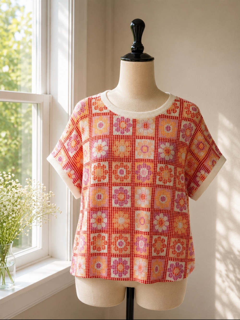 Crewneck Floral Grid Short Sleeve Top - Pink & Orange